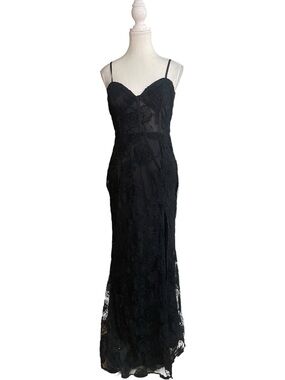 Lulus Sultry Direction Embroidered Floral Lace Sheer Bustier Maxi Dress Black